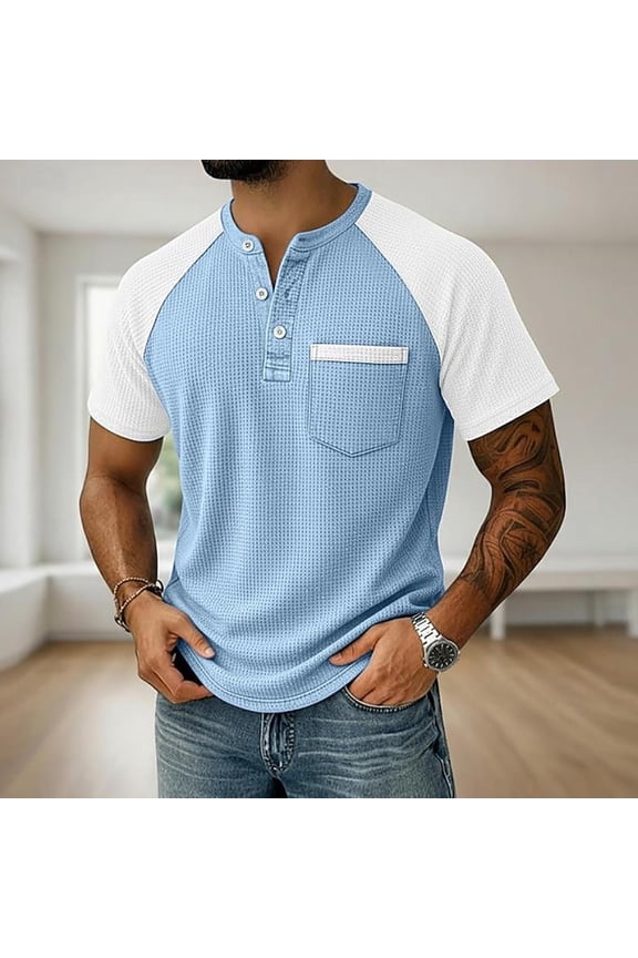 Men's Waffle Knit Henley Raglan Short Sleeve Casual T-Shirts with Pocket