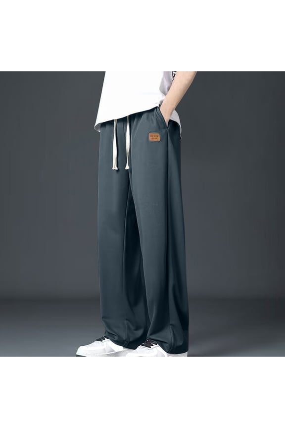Men's Wide Leg Pants Drawstring Casual Trousers Loose Straight Sweatpants with Leather Patch for Men