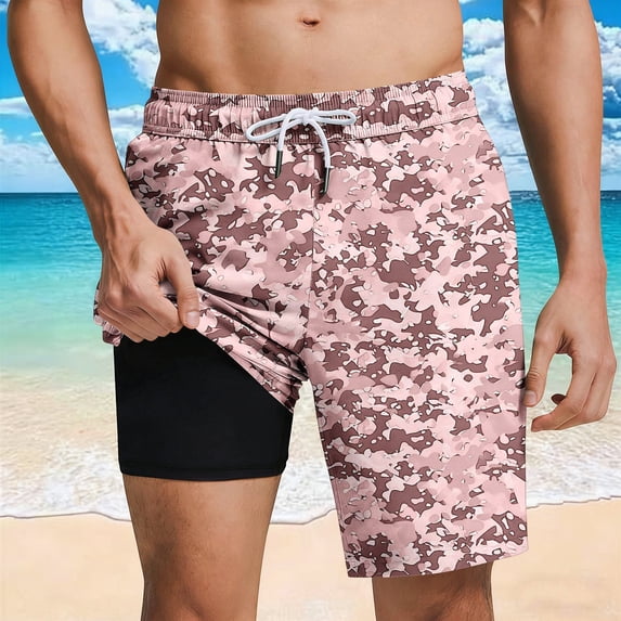 Ynynloco Mens Camouflage 2-in-1 Swim Shorts Quick Dry Beach Trunks with Compression Liner for Swimming Surfing