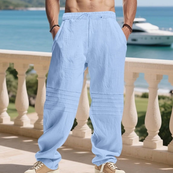 Ynynloco Mens Casual Linen Pants Loose Fit Elastic Drawstring Waist Straight-Legs Summer Beach Long Pants