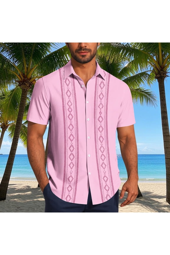 Mens Cuban Guayabera Shirt Short Sleeve Linen Button Down Embroidered Shirts Casual Summer Beach Tops
