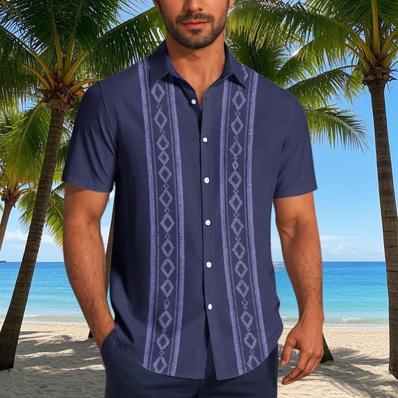 Ynynloco Mens Cuban Guayabera Shirt Short Sleeve Linen Button Down Embroidered Shirts Casual Summer Beach Tops