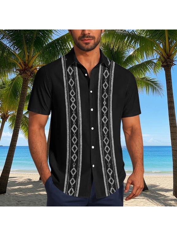 Mens Cuban Guayabera Shirt Short Sleeve Linen Button Down Embroidered Shirts Casual Summer Beach Tops