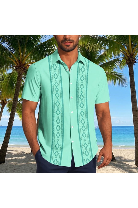 Mens Cuban Guayabera Shirt Short Sleeve Linen Button Down Embroidered Shirts Casual Summer Beach Tops