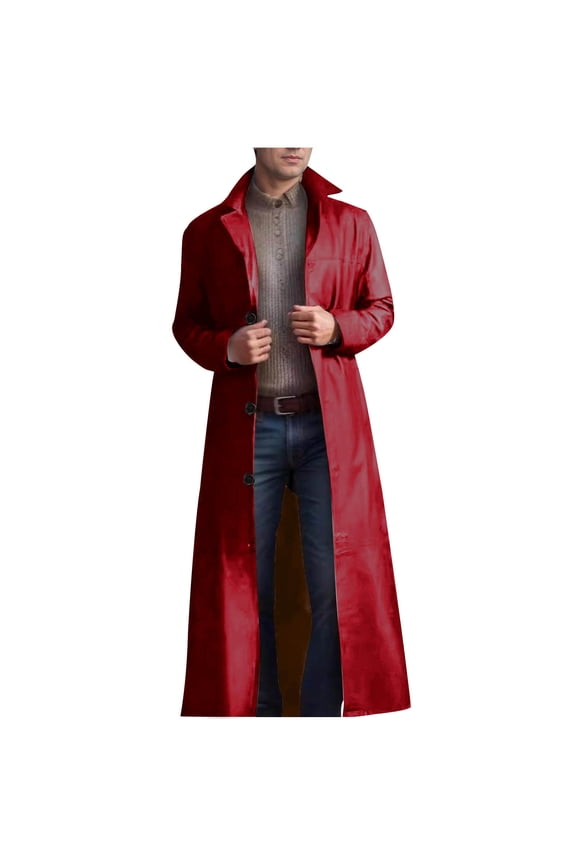 Mens Retro Faux Leather Trench Coat Full Length Notched Lapel Steampunk Long Overcoat Vintage Open Front Cardigan Jacket with Pockets