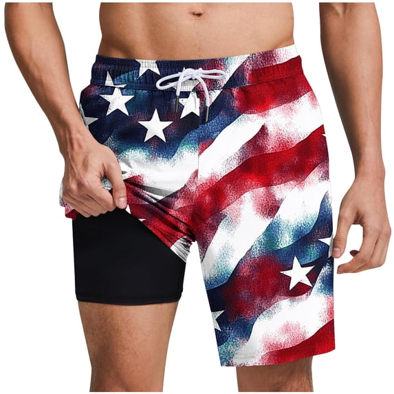 Ynynloco Mens Swim Trunks: 2 in 1 with Compression Liner Pockets Drawstring Stretch Quick Dry American Flag Print