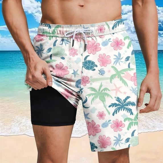 Ynynloco Mens Swim Trunks with Compression Liner 7 Inch Inseam Stretch Quick Dry Swim Shorts