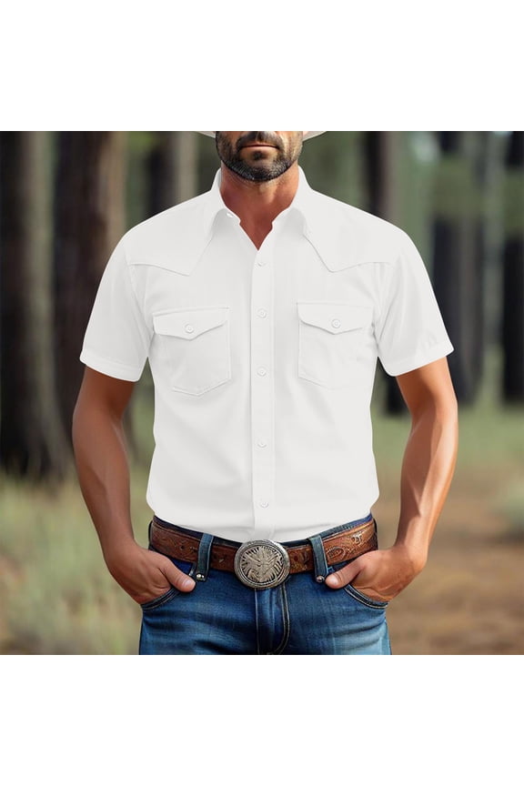 Mens Western Retro Short Sleeve Casual Two Pockets Work Solid Derss Button Up Wrinkle Free Shirts