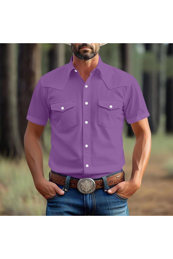Mens Western Retro Short Sleeve Casual Two Pockets Work Solid Derss Button Up Wrinkle Free Shirts