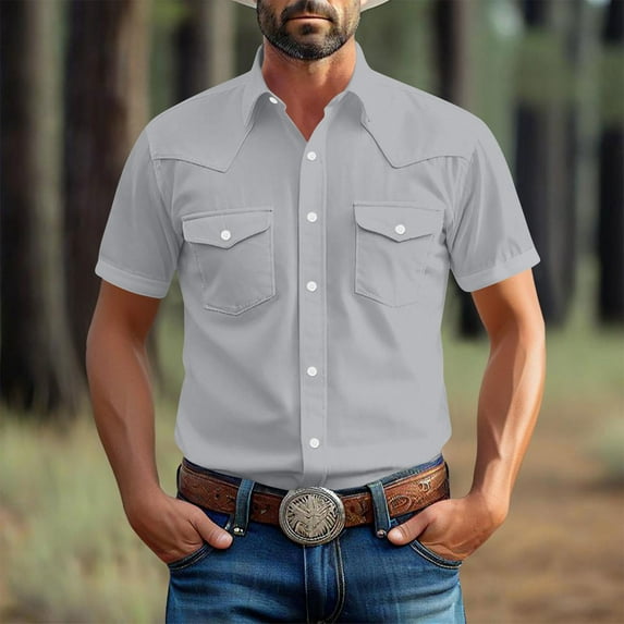 Ynynloco Mens Western Retro Short Sleeve Casual Two Pockets Work Solid Derss Button Up Wrinkle Free Shirts