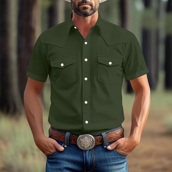 Ynynloco Mens Western Retro Short Sleeve Casual Two Pockets Work Solid Derss Button Up Wrinkle Free Shirts