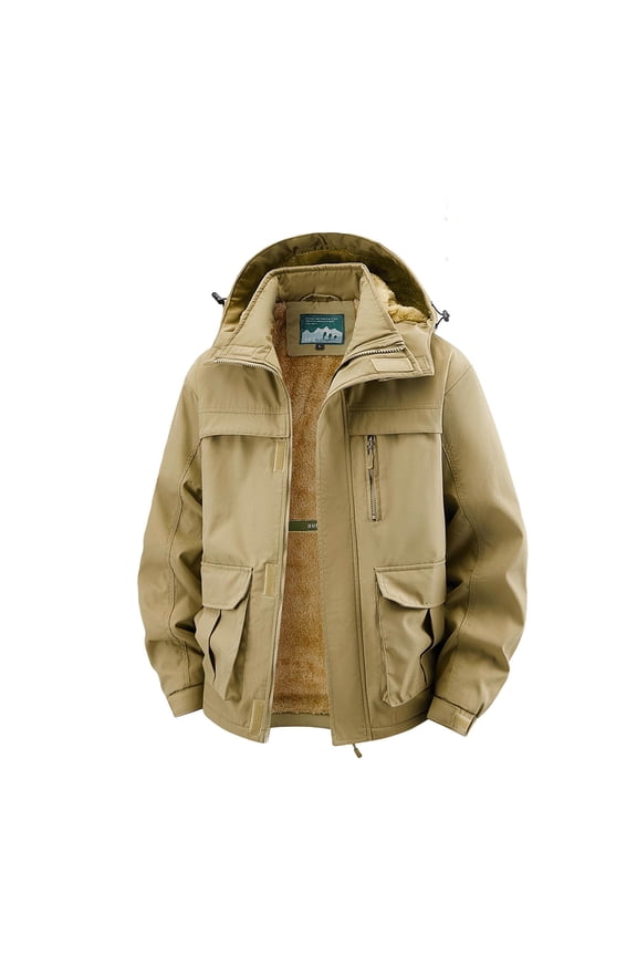 Mens Winter Jacket Fleece Lined Waterproof Workwear Winter Hooded Jacket with Multiple Pockets Solid Color Casual Warm Heavyweight Outerwear