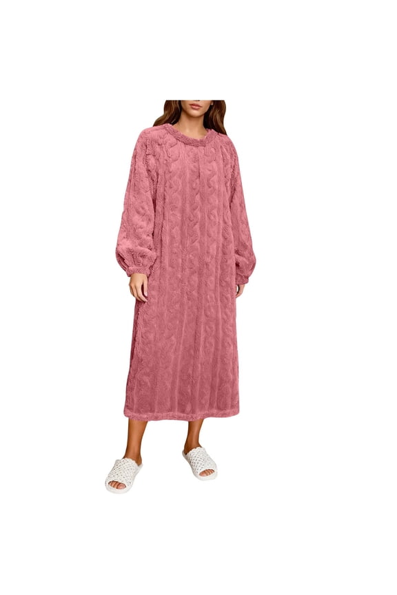 Nightgowns for Women Flannel Fleece Long Sleeve Full Length Night Dress Crewneck Loose Fit Winter Warm Pajama Dress