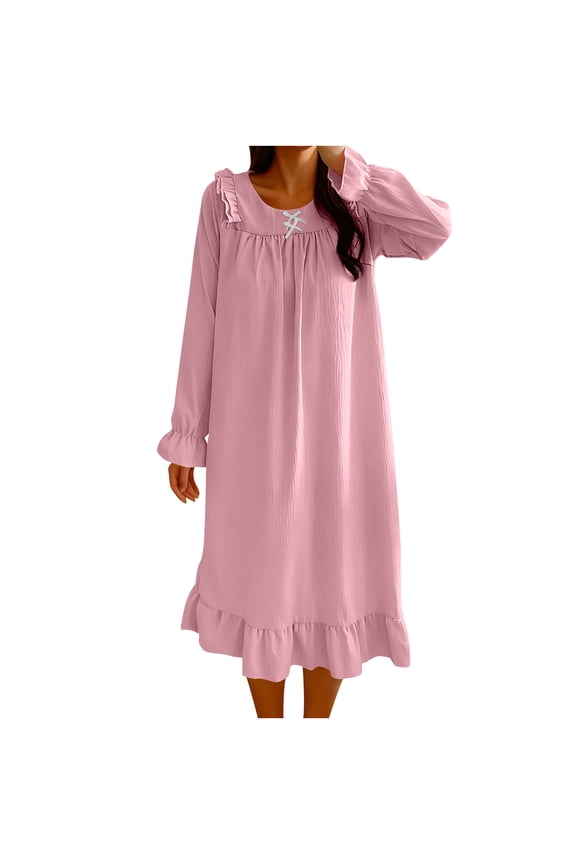 Nightgowns for Women Long Sleeve Lace Trim Ruffle Crew Neck Pajamas Dress Fall Winter Comfy Loose Sleepwear