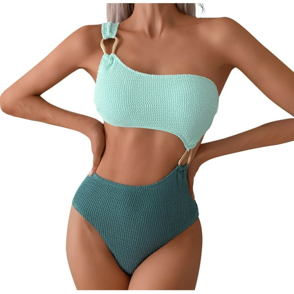 Ynynloco One Piece Swimsuit Women Metal Ring Color-Blocking One Shoulder Bathing Suit Patchwork Bikini Swimsuit Set