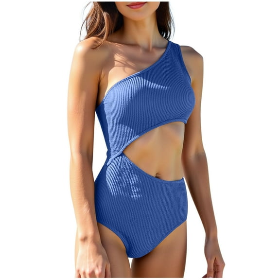 Ynynloco One Piece Swimsuit Women Ribbed Solid Color One Shoulder Cutout Bathing Suit Trendy Tummy Control Swimwear