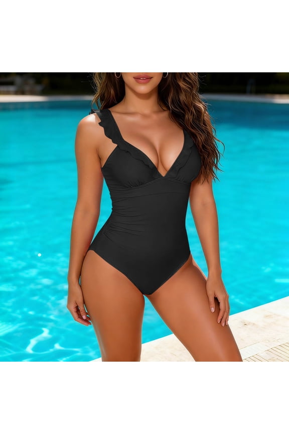 One Piece Swimsuit for Women Tummy Control Ruffle Bathing Suit Deep V Neck Ruched Swim Suit Slimming Cutout Swimwear