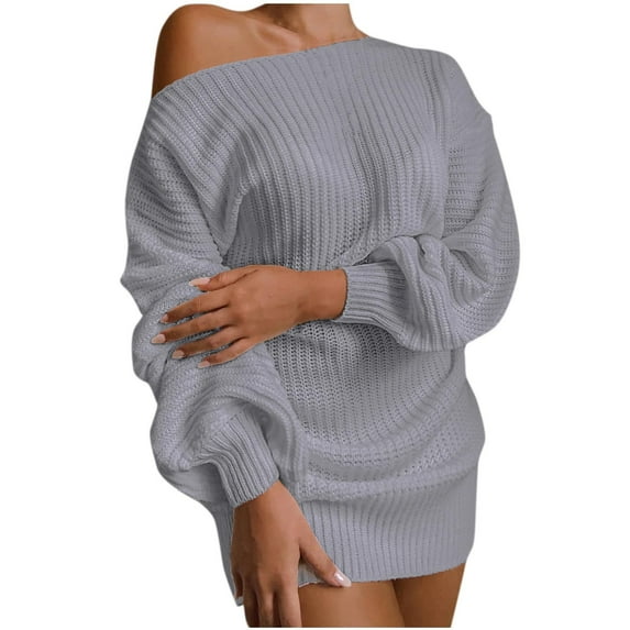Ynynloco Oversized Women Sweater Dress Off Shoulder Long Lantern Sleeve One Shoulder Ribbed Knit Dresses Solid Color Casual Pullover Mini Dress