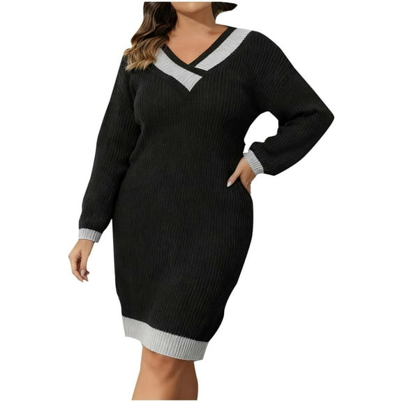 Ynynloco Plus Size Sweater Dresses for Women 2025 Cable Knit V Neck Long Sleeve Color Block Pullover Tunic Sweaters Casual Loose Fall Dresses