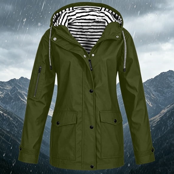 Ynynloco Rain Jacket Women Striped Lined Long Hooded Lightweight Raincoat Outdoor Waterproof Windbreaker Travel Jacket with Pockets