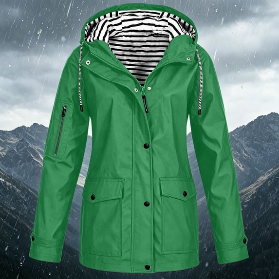 Ynynloco Rain Jacket Women Striped Lined Long Hooded Lightweight Raincoat Outdoor Waterproof Windbreaker Travel Jacket with Pockets