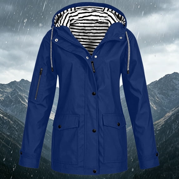 Ynynloco Rain Jacket Women Striped Lined Long Hooded Lightweight Raincoat Outdoor Waterproof Windbreaker Travel Jacket with Pockets