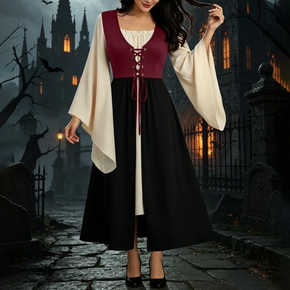 Ynynloco Women's Renaissance Costume Women Halloween Medieval Pirate Dress for Ren Faire, Witch Outfit, Pirate Theme Parties, Hobbit Events