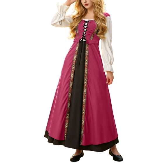 Ynynloco Renaissance Costume Women Halloween Medieval Pirate Full Skirt Dress 2 Pics Set, Pockets, Square Neck, Adjustable Lacing, for Ren Faire, Witch Outfit, Pirate Theme Parties, Hobbit Events