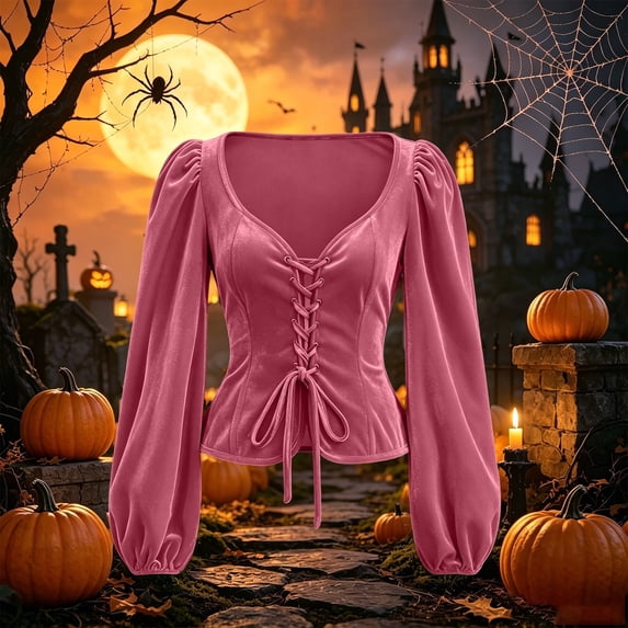 Ynynloco Renaissance Velvet Corset Shirt for Women's Halloween Puff Sleeve Lace Up Victorian Gothic Blouse