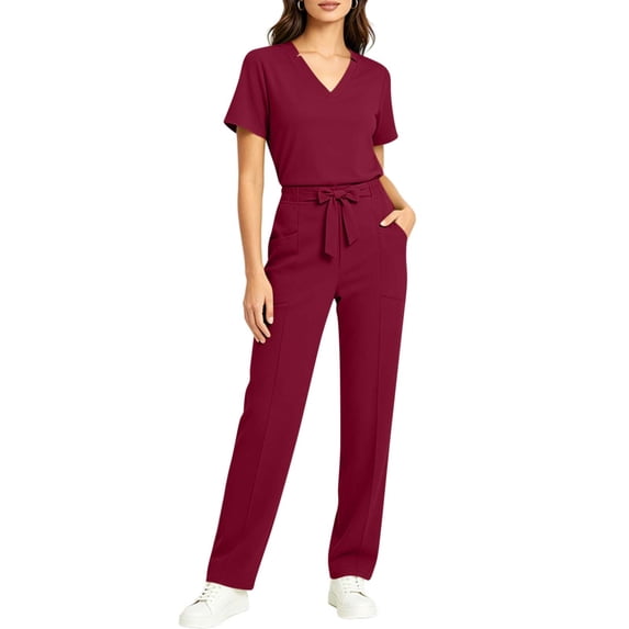Ynynloco Scrubs Set for Women Breathable Medical Uniform–Cool Stretch V-Neck Top & Straight Leg Pants with Pockets for Nurse Clinical Workwear