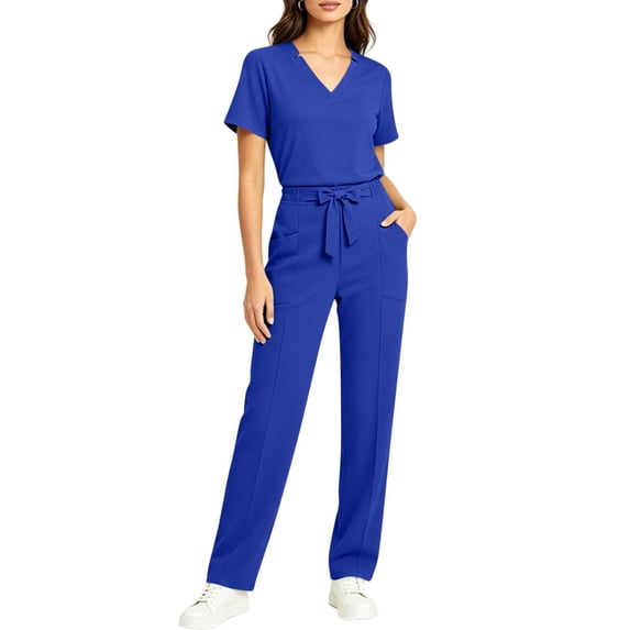 Ynynloco Scrubs Set for Women Breathable Medical Uniform–Cool Stretch V-Neck Top & Straight Leg Pants with Pockets for Nurse Clinical Workwear