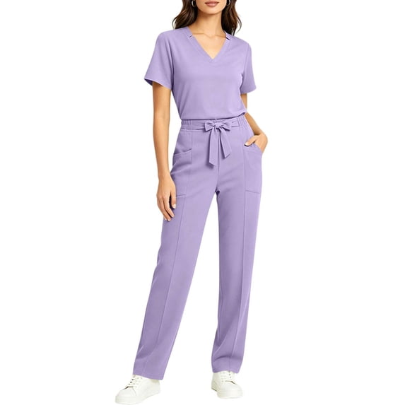 Ynynloco Scrubs Set for Women Breathable Medical Uniform–Cool Stretch V-Neck Top & Straight Leg Pants with Pockets for Nurse Clinical Workwear