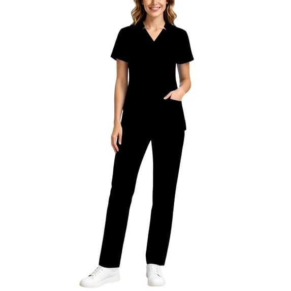Ynynloco Scrubs Set for Women Medical Uniform Cool Breathable Stretch V-Neck Top & Straight Leg Pants with Pockets for Nurse Workwear