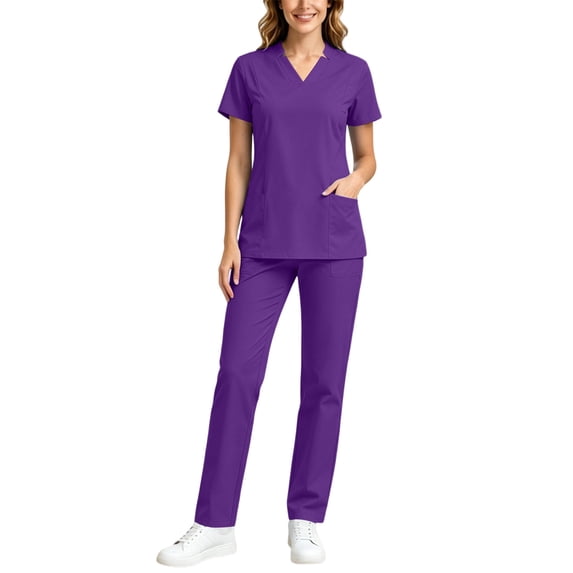 Ynynloco Scrubs Set for Women Medical Uniform Cool Breathable Stretch V-Neck Top & Straight Leg Pants with Pockets for Nurse Workwear