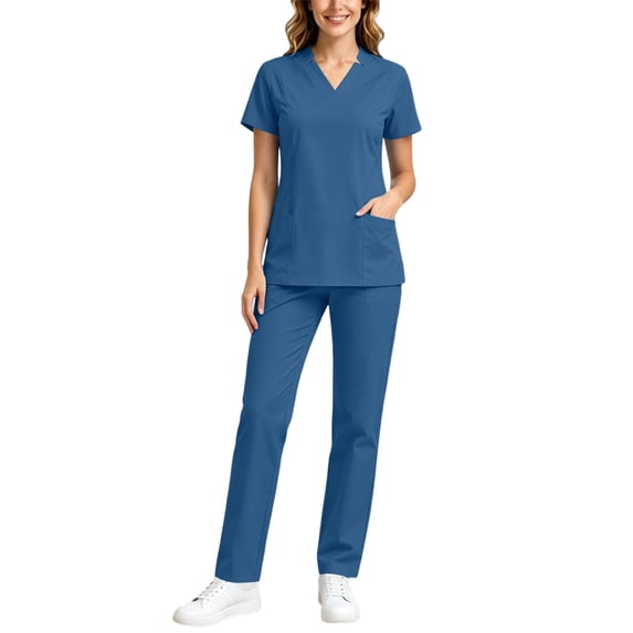 Ynynloco Scrubs Set for Women Medical Uniform Cool Breathable Stretch V-Neck Top & Straight Leg Pants with Pockets for Nurse Workwear