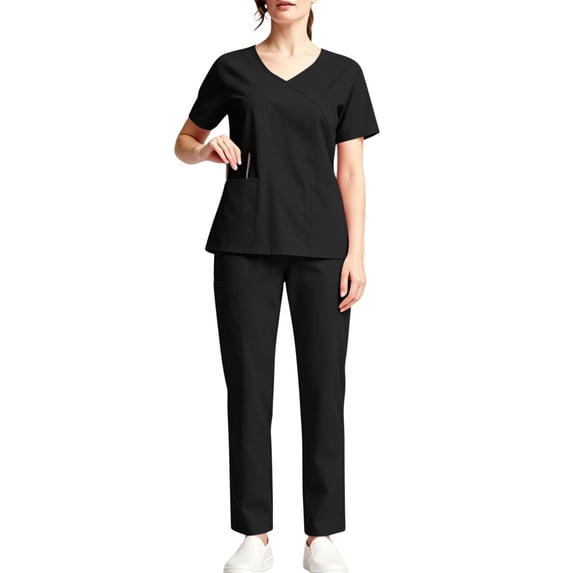 Ynynloco Scrubs Set for Women Medical Uniform–Stretch Loose V-Neck Top & Straight Leg Pants with Multiple Pockets for Nurse Workwear