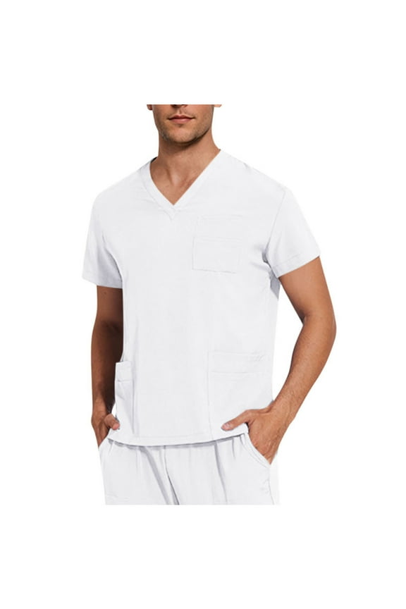 Scrubs Top for Men V-Neck Ultra Soft Durable Fade Resistant Pullover Tops with 3 Pockets (One Chest Pocket and Two Side Pockets)