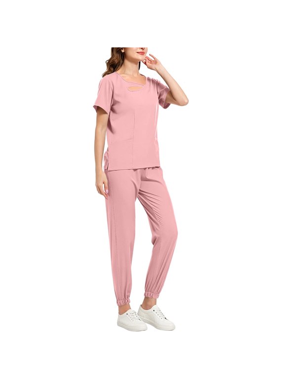 Scrubs for Women Set Modern Cutout Neck Top & Pocket Jogger Pants Nursing Esthetician Uniform Solid Stretch Workwear