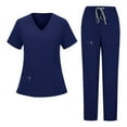 thumbnail image 1 of Ynynloco Scrubs for Women Set Solid Color Short Sleeve V Neck Nurse Tops and Ealstic Mid Drawstring Waist Pants with Zip Pockets, 1 of 4