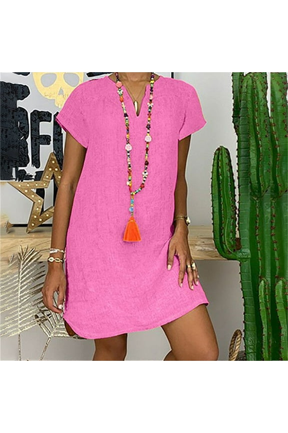 Shirts Dress for Women V Neck Short Sleeves Casual Loose Flowy Summer Beach Vacation Shifts