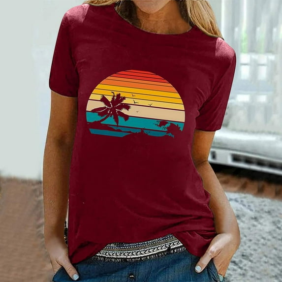 Ynynloco Short Sleeve Beach Tops Vintage Casual Tee Crewneck for Women 2024 Country Graphic Western Shirts Summer T Shirt