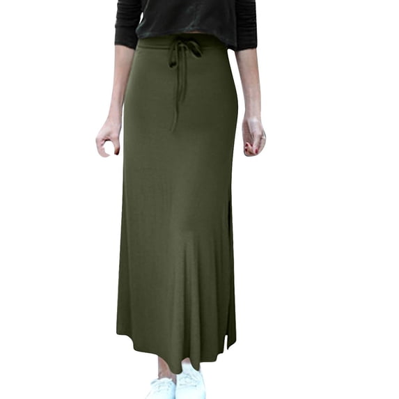 Ynynloco Skirts for Women Plus Size High-Waisted Drawstring Midi Skirt with Side Slit A-Line Stretch Solid Color Causal Trendy Skirt