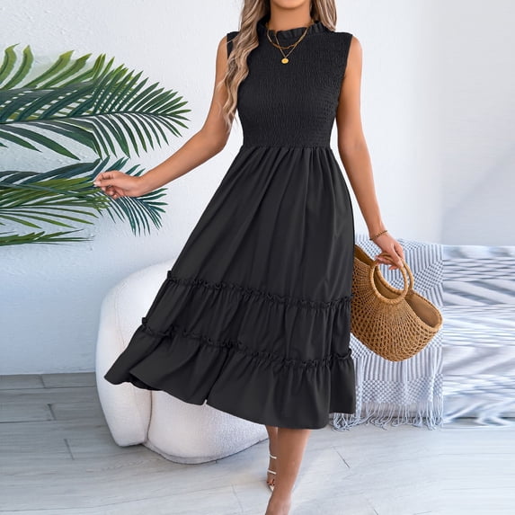 Ynynloco Smocked Summer Sleeveless Dresses for Women Wedding Guest Midi Flowy Ruffle Short Sleeve Tiered Sundress