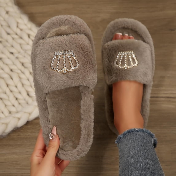 Ynynloco Soft Plush Fluffy Slippers Princess Crown Bling Bling Diamond ...
