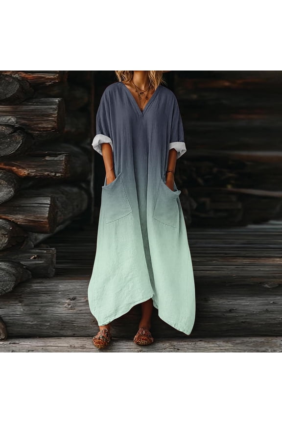 Solid Loose Long Maxi Dress Cotton Caftan V Neck Batwing Sleeve Loose Dress Kaftan Dress with Pocket