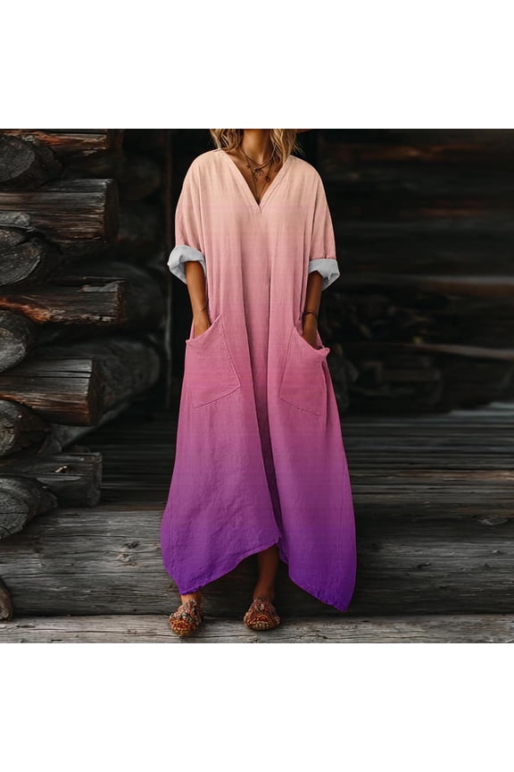 Solid Loose Long Maxi Dress Cotton Caftan V Neck Batwing Sleeve Loose Dress Kaftan Dress with Pocket