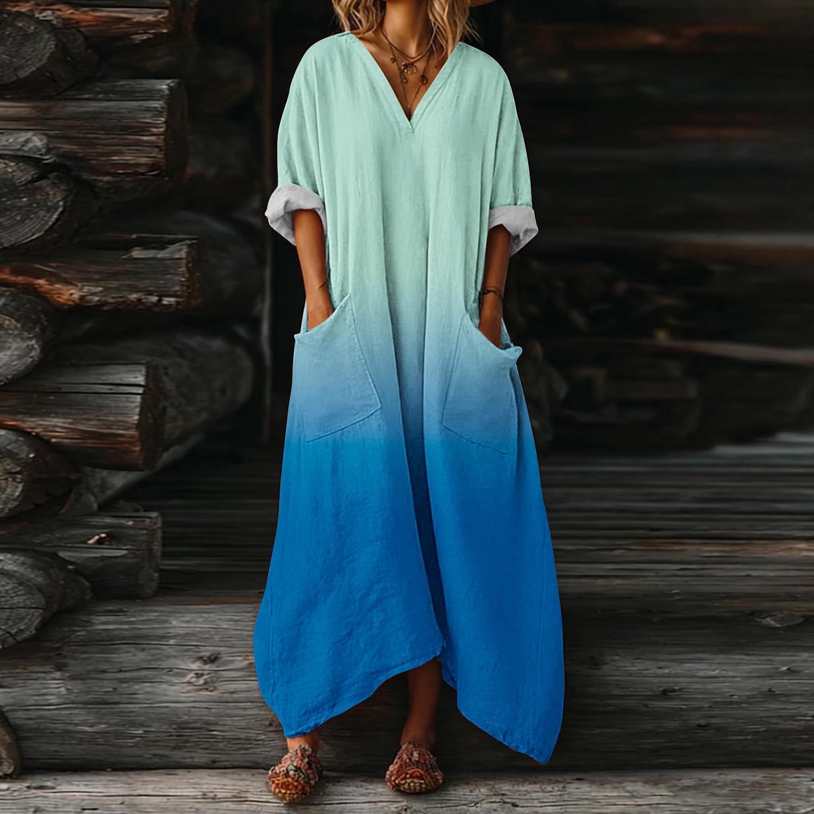 Ynynloco Solid Loose Long Maxi Dress Cotton Caftan V Neck Batwing ynynloco-solid-loose-long-maxi-dress-cotton-caftan-v-neck-batwing