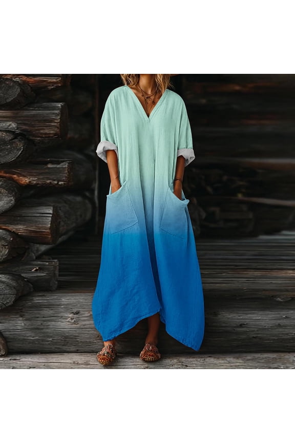 Solid Loose Long Maxi Dress Cotton Caftan V Neck Batwing Sleeve Loose Dress Kaftan Dress with Pocket