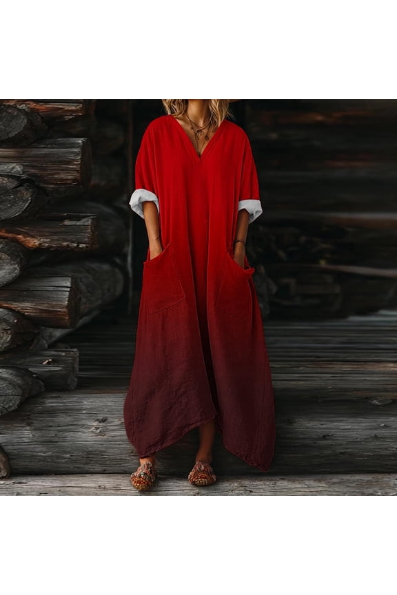 Solid Loose Long Maxi Dress Cotton Caftan V Neck Batwing Sleeve Loose Dress Kaftan Dress with Pocket
