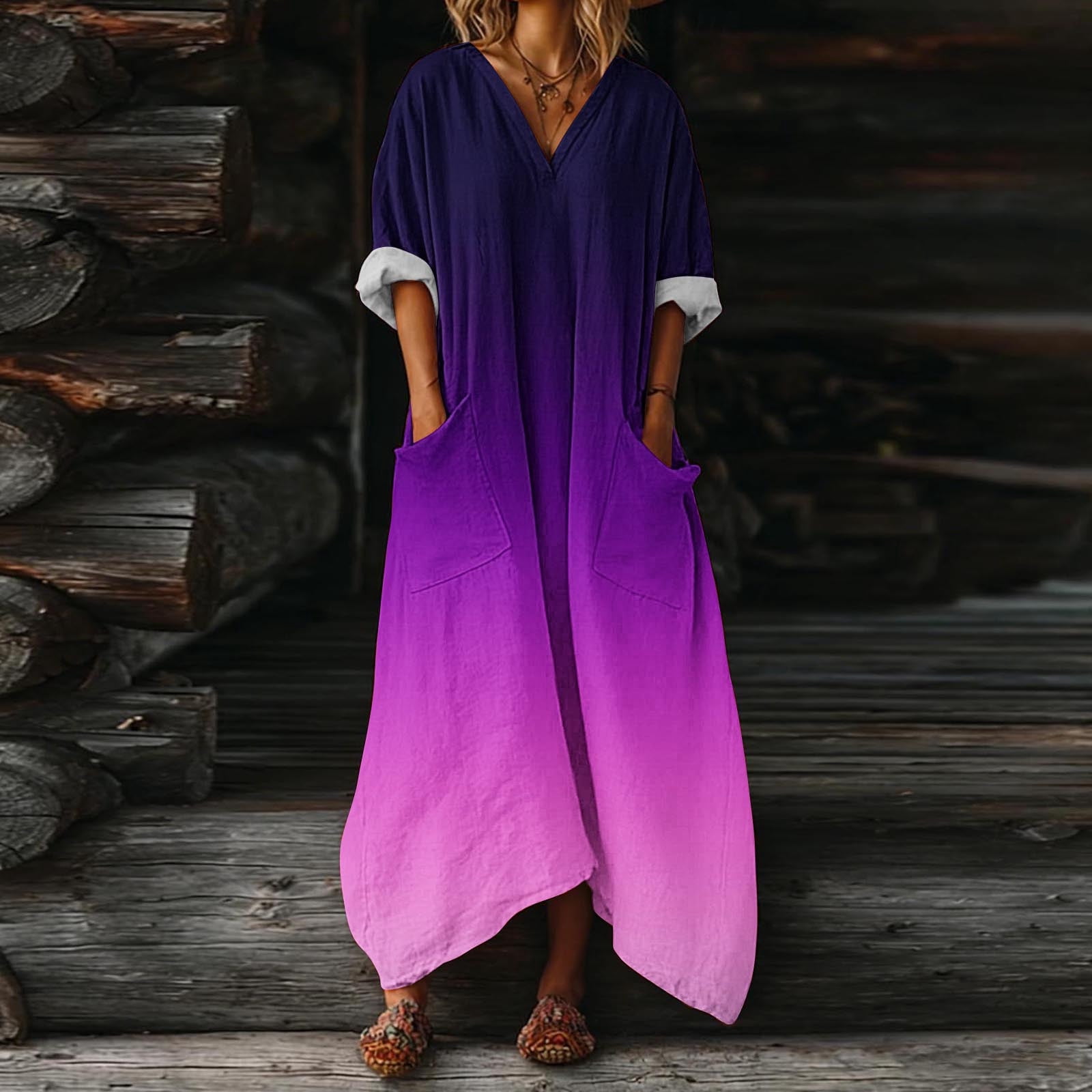 cotton caftan dress Iris Tiered resulting in minor Ynynloco Solid Loose Long Maxi